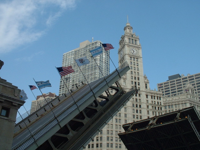 Flags on Michigan Ave. bridge